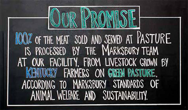 Marksbury Farm meat promise written on chalkboard sign