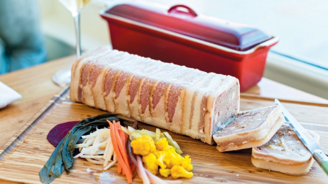 Lamb Liver Terrine served in slices with pickled vegetables, mostarda and crackers or bread